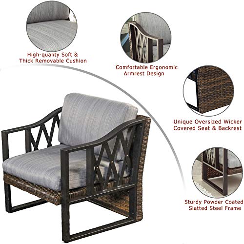 Festival Depot Dining Outdoor Patio Bistro Furniture Armchairs Wicker Rattan Premium Fabric Soft 5.5" Cushions with Metal Steel Frame Leg for Garden Poolside All-Weather 28.5"(D) x 28.1"(W) x 28.4"(H)