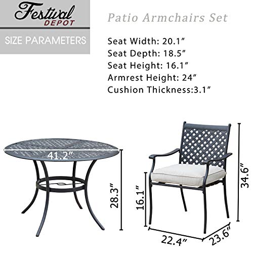 Festival Depot 5 Piece Outdoor Dining Set Wrought Iron Patio Metal with 4 Armchair Include Cushions and Round Black Table with 2.04" Umbrella Hole for Deck Lawn Garden Poolside Backyard (Beige)