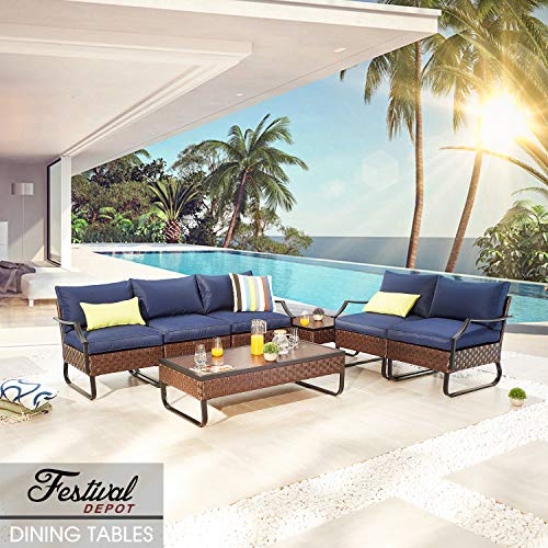 Festival Depot Dining Outdoor Patio Bistro Furniture Right Armrest Section Chair with Curved Armrest Wicker Rattan Cushion with Side U Shaped Slatted Steel Leg for Garden Yard Poolside All-Weather