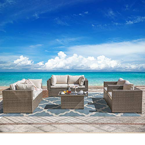 Festival Depot 7pcs Patio Furniture Outdoor Conversation Set Sectional Wicker Sofa Set with Removable Seat Cushions and Coffee Table with Tempered Glass for Garden Deck Porch Lawn Balcony, Beige