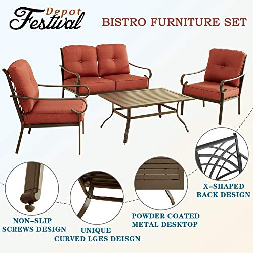 Festival Depot 4 Pieces Patio Conversation Set Loveseat Armchairs with Thick Cushions and Slatted Steel Top Coffee Table Metal Outdoor Furniture, Red
