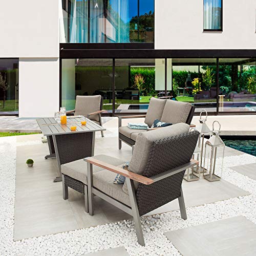 Festival Depot 6pcs Patio Conversation Set Metal Armchair All Weather Wicker Loveseat Rattan Ottoman with Grey Thick Cushions and Coffee Table Outdoor Furniture for Deck Poolside