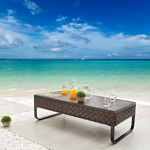 Festival Depot Patio Coffee Table Rectangle Wicker Rattan Table with Wood Grain Desktop and U Shaped Legs All Weather Outdoor Furniture for Garden Bistro 47.2"(L) x 23.6"(W) x 13.7"(H)