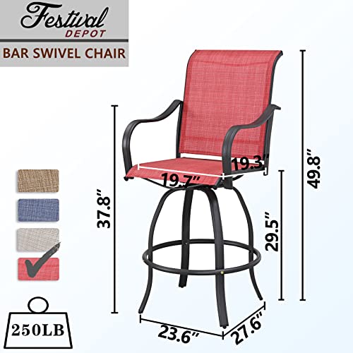 Festival Depot 3 Pcs Patio Bistro Bar Set High Stools Outdoor Furniture with 360° Swivel Armrest Chairs, Coffee Table with Tempered Glass Desktop, Metal Frame for Deck Poolside Garden Porch