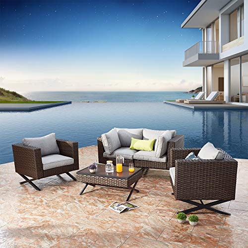 Festival Depot 5 Piece Patio Outdoor Furniture Conversation Set Wicker Rattan Armchair Corner Sofa and Coffee Table X Shaped Slatted Steel Frame Leg for Porch Lawn Garden Balcony Pool Backyard