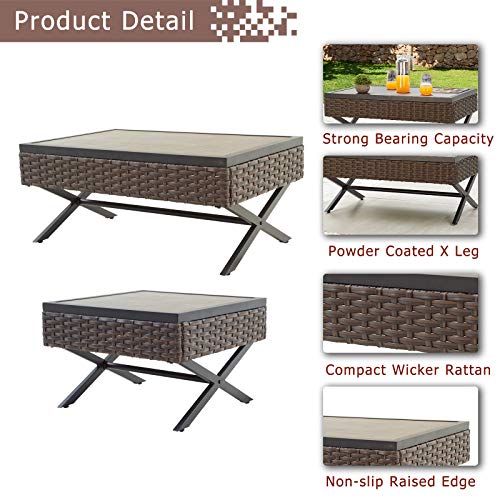 Festival Depot 14pcs Outdoor Furniture Patio Conversation Set Sectional Corner Sofa Chairs with X Shape Metal Leg All Weather Brown Rattan Wicker Ottoman Side Coffee Table with Grey Seat Back Cushions