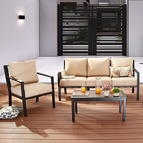 Festival Depot 5 Pieces Patio Furniture Set All-Weather Polyester Fabrics Metal Frame Sofa Outdoor Conversation Set Sectional Corner Couch with Cushions & Coffee Table for Deck Poolside Balcony(Beige)