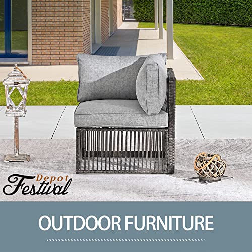 Festival Depot Wicker Patio Single Sofa, Outdoor Left-arm Chair, All-Weather Brown PE Rattan Couch Chair Waterproof Sectional Furniture for Balcony Garden Pool Lawn Backyard (Grey Thick Cushion)