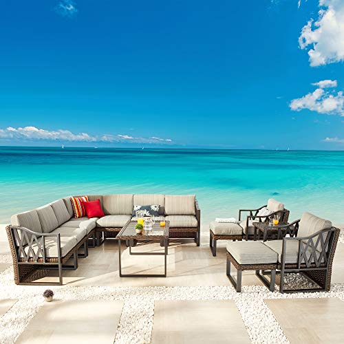 Festival Depot 13Pc Outdoor Furniture Patio Conversation Set Sectional Corner Sofa Chairs All Weather Wicker Ottoman Metal Frame Slatted Coffee Table with Thick Grey Seat Back Cushions Without Pillows