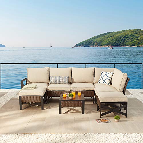 Festival Depot 8 Pcs Patio Outdoor Furniture Conversation Set Sectional Corner Sofa with All-Weather Brown PE Rattan Wicker Back Chair, Ottoman, Coffee Table and Thick Removable Couch Cushions