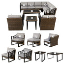 Festival Depot 10Pc Outdoor Furniture Patio Conversation Set Sectional Corner Sofa Chairs All Weather Wicker Ottoman Metal Frame Slatted Coffee Table with Thick Grey Seat Back Cushions Without Pillows