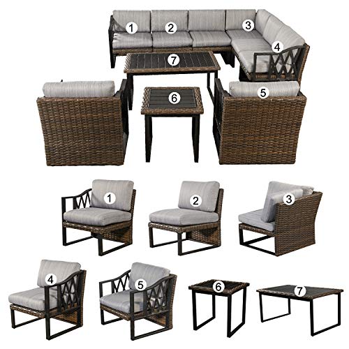 Festival Depot 10Pc Outdoor Furniture Patio Conversation Set Sectional Corner Sofa Chairs All Weather Wicker Ottoman Metal Frame Slatted Coffee Table with Thick Grey Seat Back Cushions Without Pillows