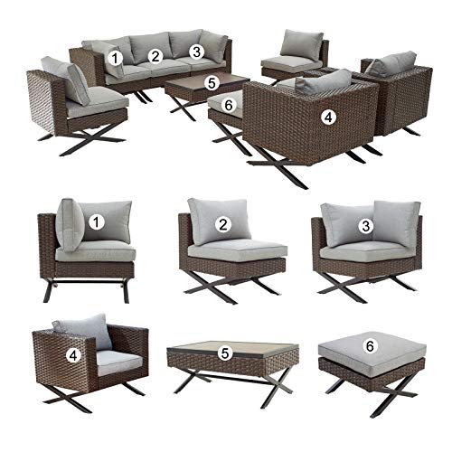 Festival Depot 10pcs Outdoor Furniture Patio Conversation Set Sectional Corner Sofa Chairs with X Shaped Metal Leg All Weather Brown Rattan Wicker Ottoman Coffee Table with Grey Seat Back Cushions