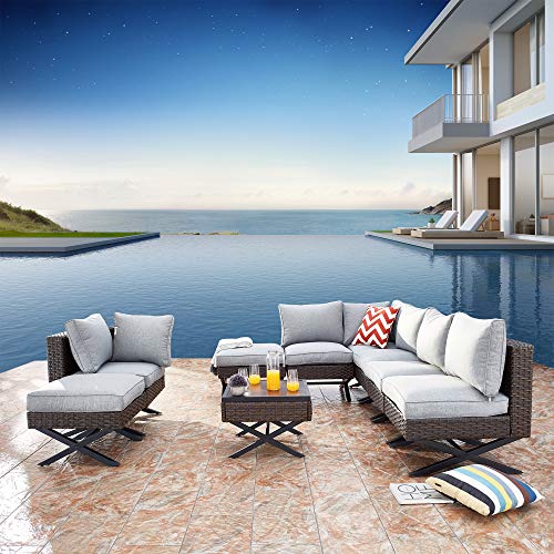 Festival Depot 9pcs Outdoor Furniture Patio Conversation Set Sectional Corner Sofa Chairs with X Shaped Metal Leg All Weather Brown Rattan Wicker Ottoman Side Coffee Table with Grey Seat Back Cushions