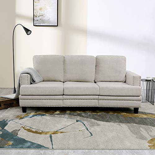 Festival Depot 1 Piece Indoor Modern Fabric Furniture Rivet Edge Armrest 3-Seat Sofa Couch for Living Room Bedroom with Comfortable Seat, 74.8" x 31.5" x 30.7"