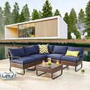 Festival Depot 6 Pieces Patio Conversation Sets Outdoor Furniture Sectional Corner Sofa with All-Weather PE Rattan Wicker Back Chair, Coffee Side Table and Soft Removable Couch Cushions (Blue)