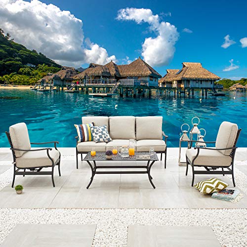 Festival Depot 4 Pcs Conversation Sets 5 Seats Patio Outdoor Arm Chairs Loveseat Set with Coffee Table Fabric Metal Frame Furniture Garden Bistro Seating Thick Soft Cushion,