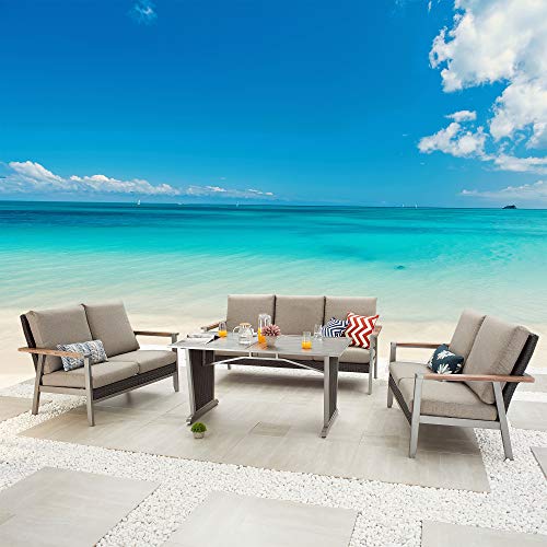 Festival Depot 4 Pieces Patio Conversation Set Metal Loveseats Wicker Back 3-Seater Sofa with Thick Cushions and Coffee Table Outdoor Furniture for Deck Garden (4pc Patio Loveseat Set 2)