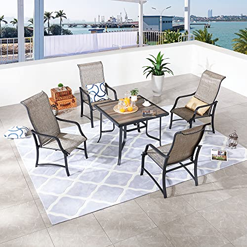 Festival Depot 5Pcs Patio Dining Set of 4 High Back Chairs with Textilene Fabric and 1 Square Metal Table with Wood-Like DPC Tabletop and Curved Steel Legs for Backyard Deck Garden, Grey