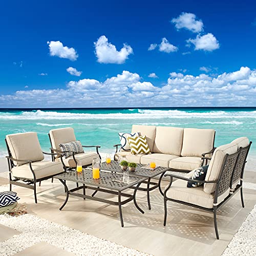 Festival Depot 6Pcs Outdoor Furniture Patio Conversation Set All Weather Black Metal Armchairs Loveseat with Seat and Back Cushions, 3-Seating Chair, Rectangle Coffee Table for Deck Lawn Garden