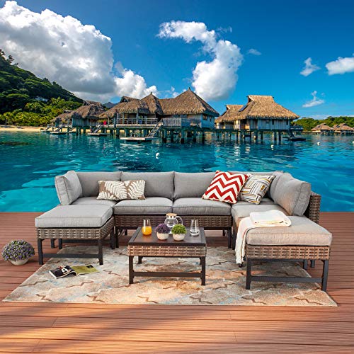 Festival Depot 8 Pieces Patio Conversation Set Outdoor Furniture Combination Sectional Corner Sofa All-Weather Woven Wicker Metal Armchairs with Seating Back Cushions Side Coffee Table Ottoman, Gray