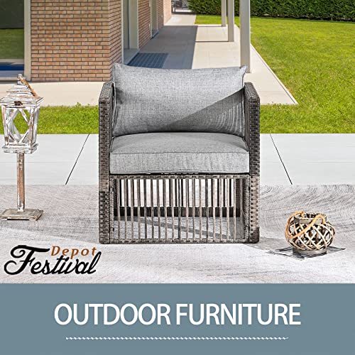 Festival Depot Wicker Patio Single Sofa, Outdoor Armchair, All-Weather Brown PE Rattan Couch Chair Waterproof Sectional Furniture for Balcony Garden Pool Lawn Backyard (Grey Thick Cushion)