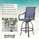 Festival Depot 3-Piece Bar Bistro Patio Outdoor Dining Furniture Sets High Stools 360å¡ Swivel Chairs with Slatted Steel Curved Armrest Square Coffee Side Table Tempered Glass Desktop