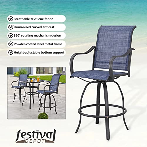 Festival Depot 6-Piece Bar Bistro Patio Outdoor Dining Furniture Sets High Stools 360° Swivel Chairs with Slatted Steel Curved Armrest Square Coffee Side Table Tempered Glass Desktop