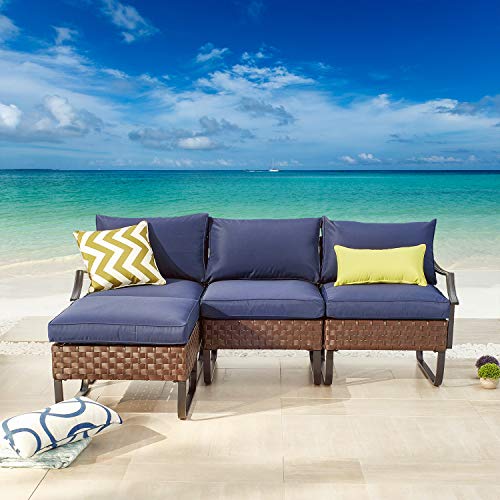 Festival Depot 4 Pieces Patio Dining Furniture Outdoor Armchair Combination Conversation Set All-Weather Ottoman with U Shaped Steel Leg for Porch Lawn Garden Balcony Pool Backyard, Brown