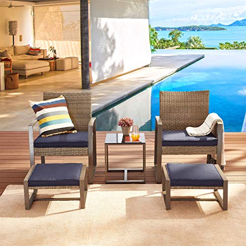Festival Depot 5 PC Outdoor Patio Conversation Set Chairs Cushions Ottomans Set with Coffee Square Table Metal Frame Furniture Garden Bistro Poolside Deck Garden Blue Cushion