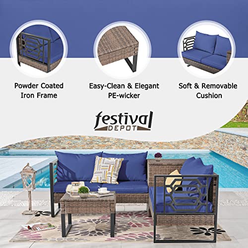 Festival Depot Patio Conversation Set, PE Wicker Four-Seater Corner Conjoined Storage Box Sofa Set, All-Weather Outdoor Furniture with Cushions Rattan Coffee Table for Backyard Garden Indoor (Blue)