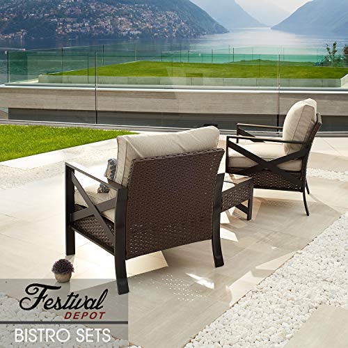 Festival Depot 3-Piece Bistro Outdoor Patio Furniture Conversation Set 3.1" Soft & Deep Cushion Wicker Rattan X-Armchairs Square Wood Grain Top Side Coffee Table with Side X Shaped Slatted Steel Legs