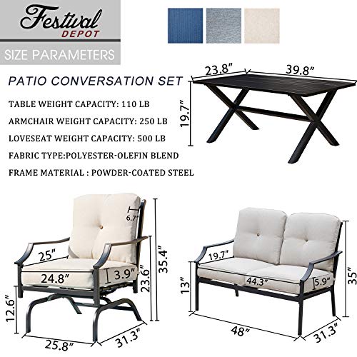 Festival Depot 4 pc Conversation Set Patio Outdoor ArmChairs Loveseat Set with Coffee Table Fabric Metal Frame Furniture Garden Bistro Seating Thick Soft Cushions
