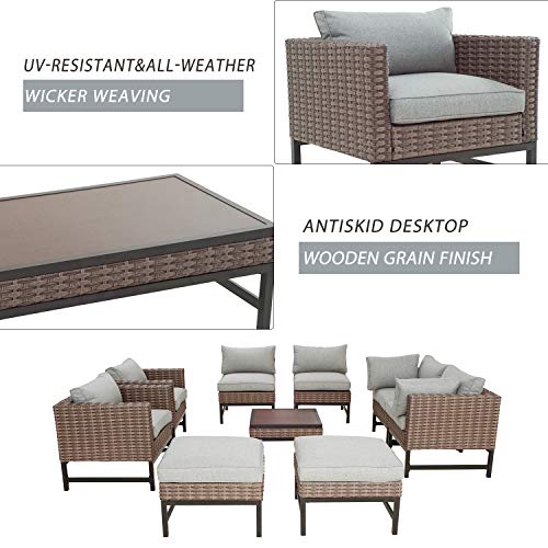 Festival Depot 9 Pieces Patio Conversation Set Outdoor Furniture Combination Sectional Sofa Loveseat All-Weather Woven Wicker Metal Armchairs with Seating Back Cushions Side Coffee Table Ottoman, Gray