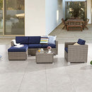Festival Depot 6pcs Patio Furniture Set Outdoor Sectional PE Wicker Sofa Set Rattan Conversation Set with Coffee Table Ottoman and Washable Seat Cushions Blue and Grey