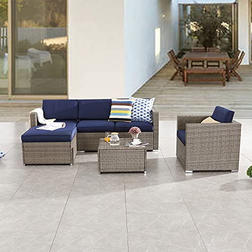 Festival Depot 6pcs Patio Furniture Set Outdoor Sectional PE Wicker Sofa Set Rattan Conversation Set with Coffee Table Ottoman and Washable Seat Cushions Blue and Grey