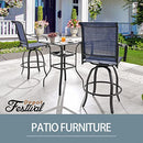 Festival Depot 3 Pcs Patio Bistro Set High Stools Outdoor Furniture with 360å¡ Swivel Armrest Chairs, Tempered Glass Desktop Coffee Table, Metal Frame for Deck Poolside Garden Porch