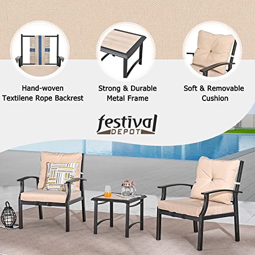 Festival Depot 3-Piece Patio Bistro Set Conversation Set Armchair Set with Side Coffee Table Outdoor Furniture with Hand-Woven Textilene Rope Backrest (Black Metal Frame with Beige Cushion)