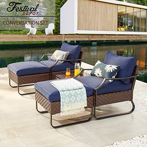 Festival Depot 5pcs Bistro Outdoor Dining Furniture Patio Set Soft Cushion Wicker Rattan Chair with Curved Armrest Ottoman Footstool Square Wood Grain Desktop Table with U Shaped Steel Leg All-Weather