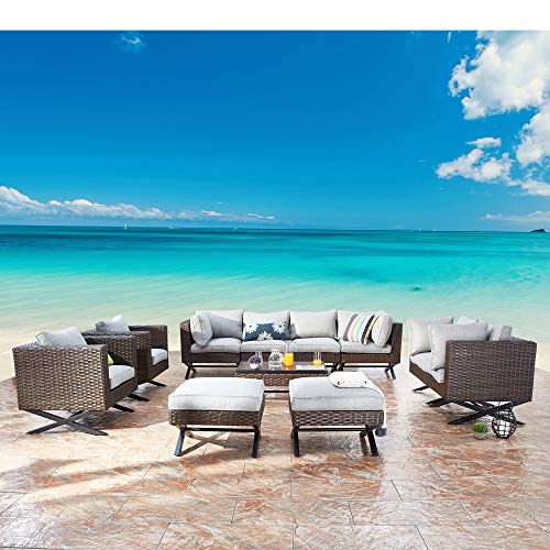 Festival Depot 11 pcs Outdoor Furniture Patio Conversation Set Sectional Corner Sofa Armchairs with X Shaped Metal Leg All Weather Brown Rattan Wicker Ottoman Coffee Table with Grey Seat Back Cushions