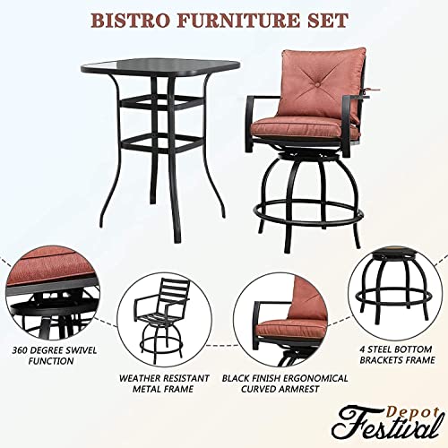 Festival Depot 5 Pcs Outdoor Furniture Bar Stools Set of 4 Swivel Chairs with Cushions and 1 High Bistro Tables with Tempered Glass Tabletop in Metal Frame (Red)