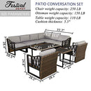 Festival Depot 10Pc Outdoor Furniture Patio Conversation Set Sectional Corner Sofa Chairs All Weather Wicker Ottoman Metal Frame Slatted Coffee Table with Thick Grey Seat Back Cushions Without Pillows