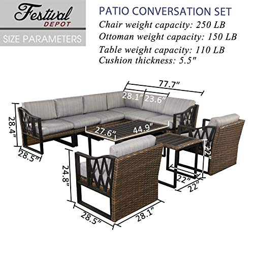 Festival Depot 10Pc Outdoor Furniture Patio Conversation Set Sectional Corner Sofa Chairs All Weather Wicker Ottoman Metal Frame Slatted Coffee Table with Thick Grey Seat Back Cushions Without Pillows