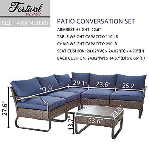 Festival Depot 6 Pieces Patio Conversation Sets Outdoor Furniture Sectional Corner Sofa with All-Weather PE Rattan Wicker Back Chair, Coffee Side Table and Soft Removable Couch Cushions (Blue)