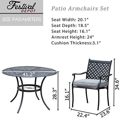 Festival Depot 5 Piece Outdoor Dining Set Wrought Iron Patio Metal with 4 Armchair Include Cushions and Round Black Table with 2.04" Umbrella Hole for Deck Lawn Garden Poolside Backyard (Beige)