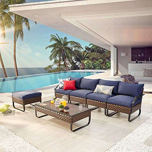 Festival Depot 6 Pieces Patio Outdoor Furniture Conversation Sets Sectional Sofa, All-Weather PE Rattan Brown Wicker Back Chair with Coffee Table, Ottoman and Thick Soft Removable Couch Cushions(Blue)