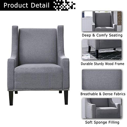 Festival Depot 1 Piece Indoor Modern Fabric Furniture Accent Arm Chair Single Sofa for Living Room Bedroom with Wingback and Deep Seat, 28.7" x 18.9" x 30.7", Grey