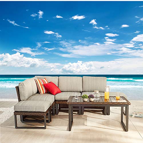 Festival Depot 7pcs Outdoor Furniture Patio Conversation Set Sectional Sofa Corner Chairs All Weather Brown Rattan Wicker Ottoman Slatted Coffee Table with Thick Seat Back Cushions (Grey)