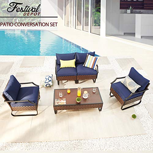 Festival Depot 5-Piece Patio Dining Furniture Outdoor Armchair Combination Conversation Set All-Weather Coffee Table with U Shaped Steel Leg for Porch Lawn Garden Balcony Pool Backyard, Brown
