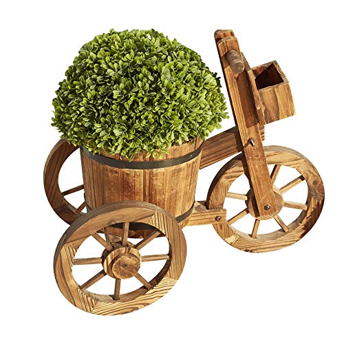 Festival Depot Outdoor Wooden Wagon Tricycle Planter Flower Pot Holder with Bucket Wheels Garden Decorative Barrel Stand for Patio Deck Lawn